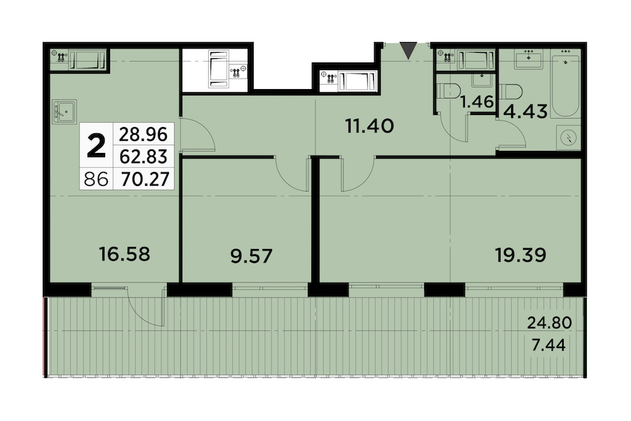 2-комнатная квартира 70.27 м², 14/14 эт., ЖК «GloraX City Zanevsky»